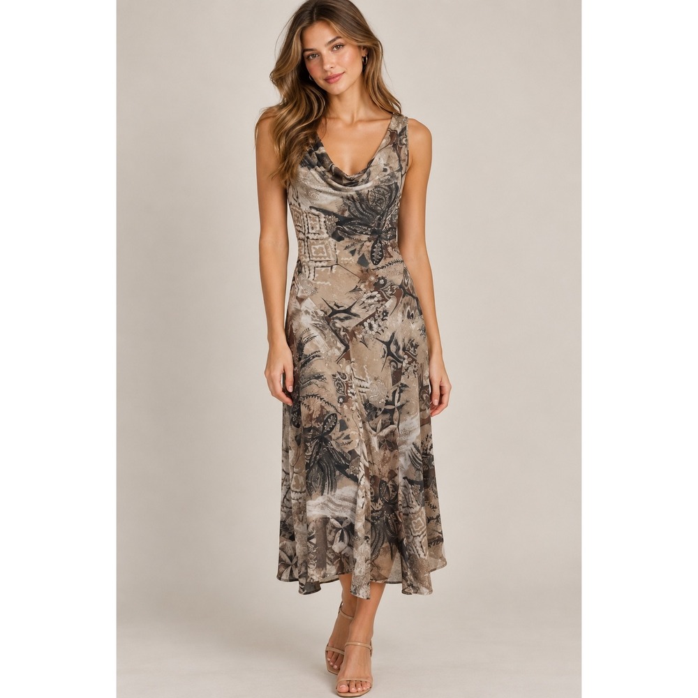 Amanda Lane Abstract Print Cowl Neck Asymetrical Midi Dress, 8 Fairy Grunge